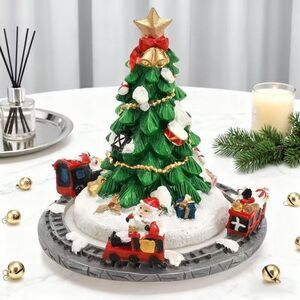 Rotating Musical Christmas Tree Figurine Resin Holiday Decoration w Santa Train